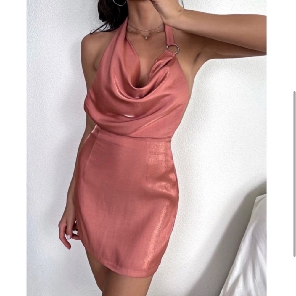 Elegant Satin Halter Dress in Pink